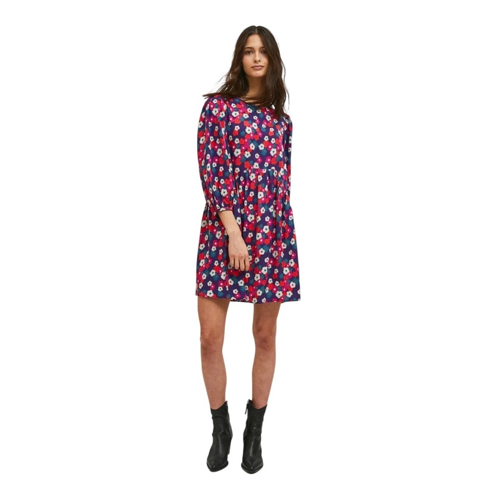 Compania Fantastica Purple Multicolor Floral Print 3/4 Sleeve Baby Doll Dress XS - Picture 2 of 8